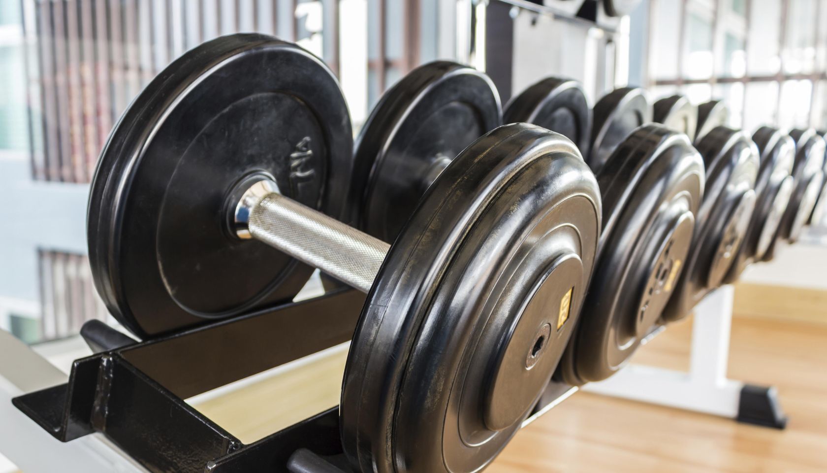 Many black dumbbell lined up in a fitness room.