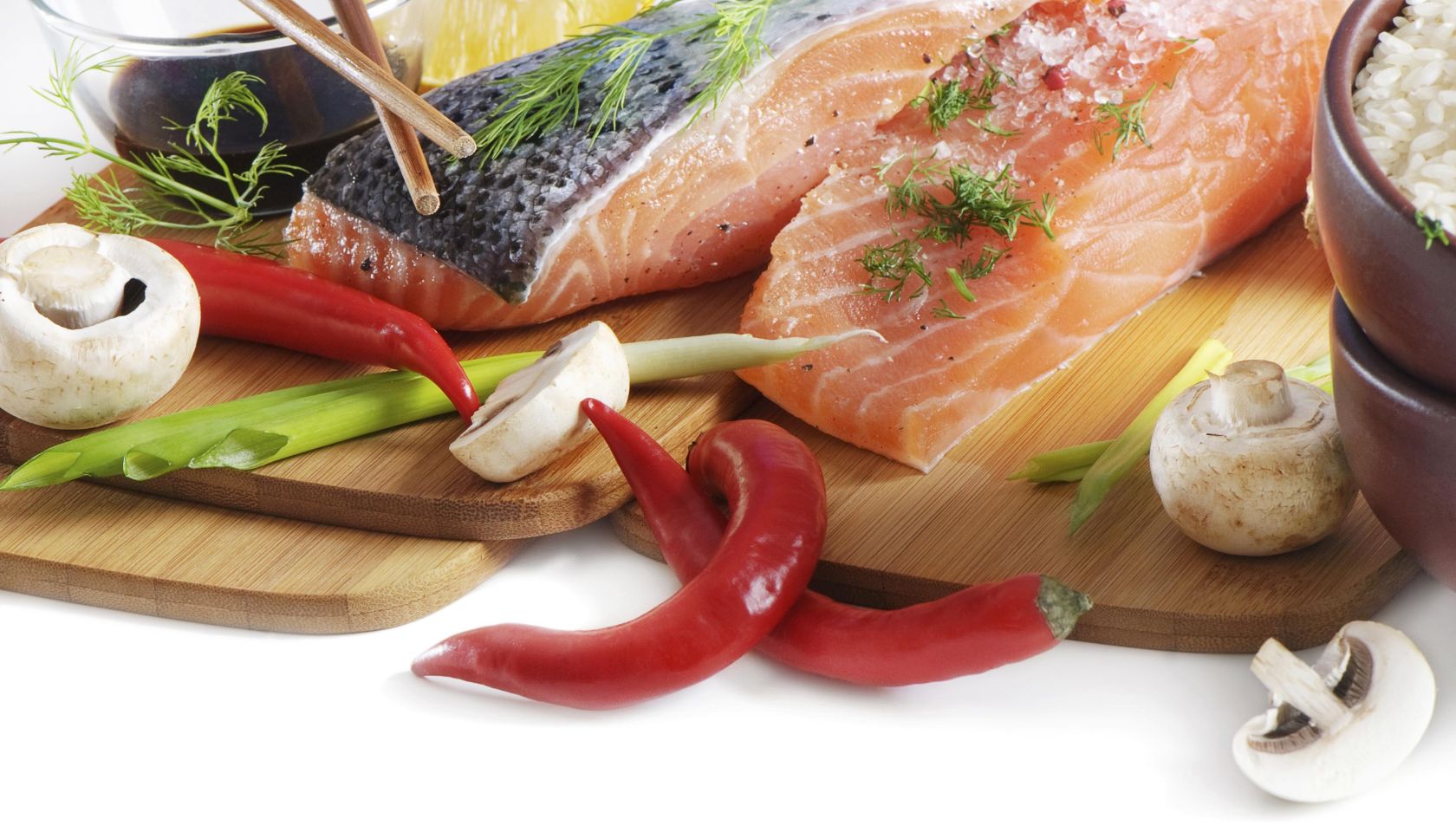 salmon steak with rice, vegetables and soy sauce