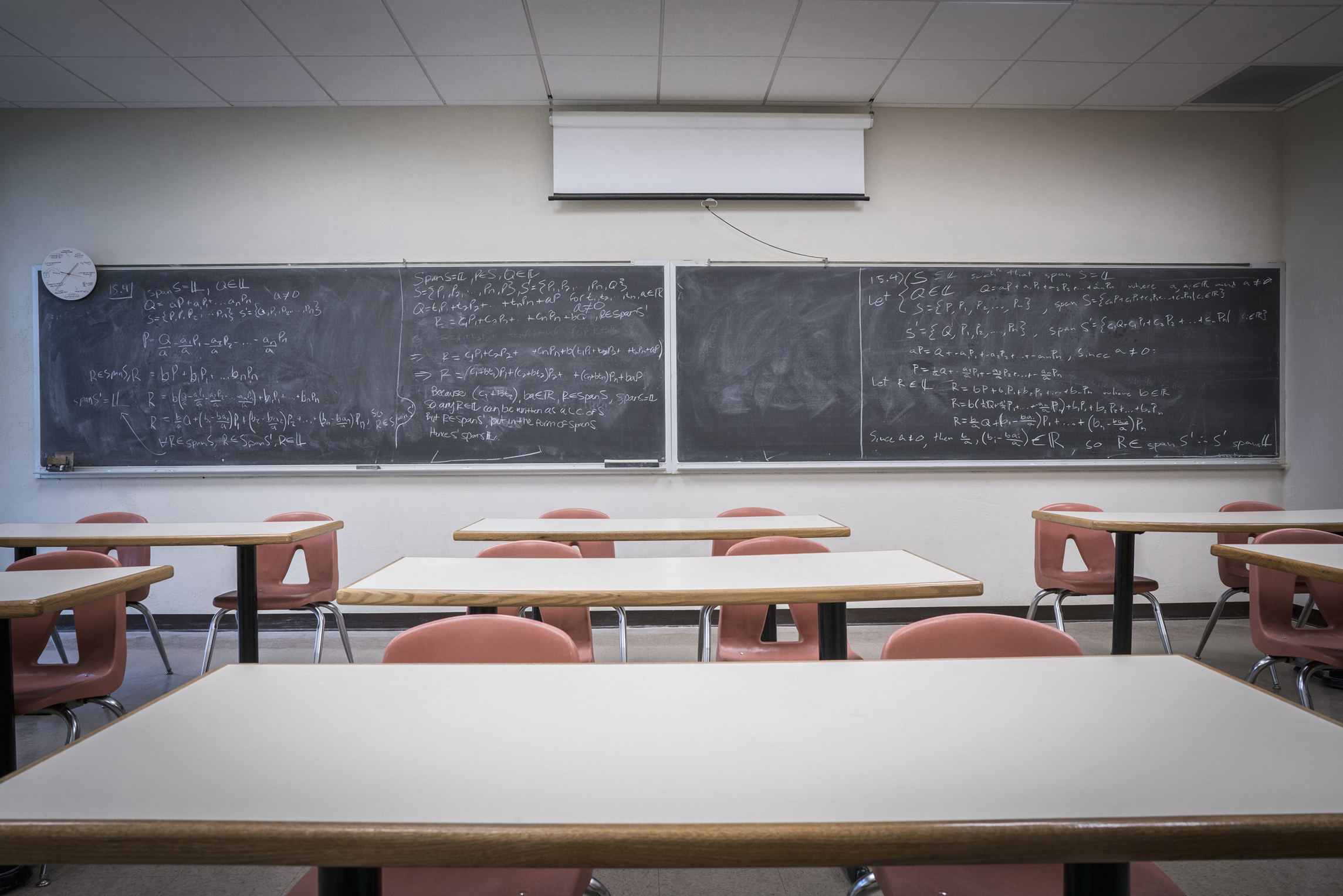 Equations on blackboard in empty classroom