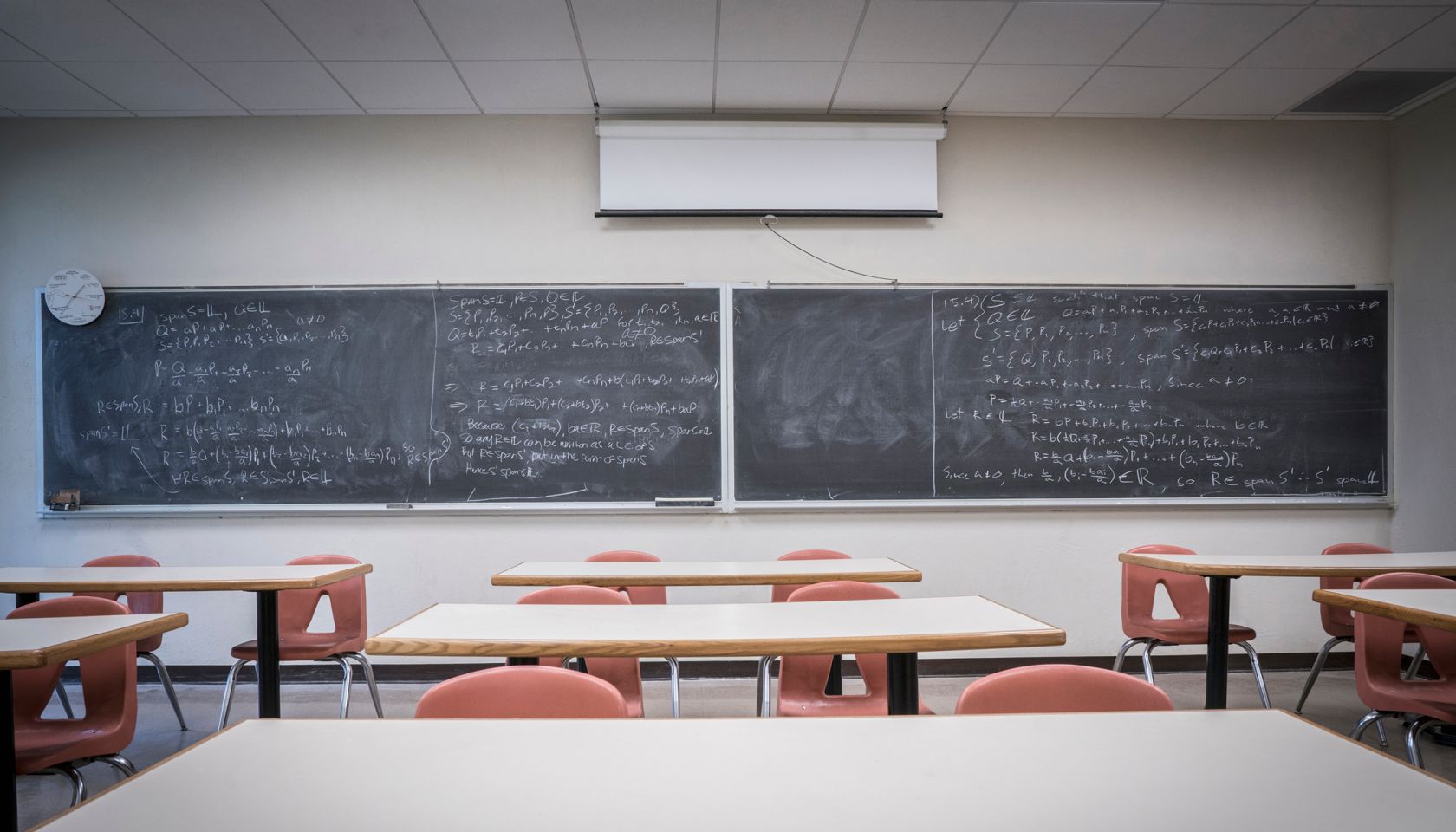 Equations on blackboard in empty classroom