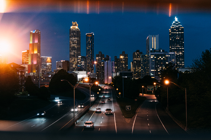 Artistic Angle of the Atlanta, Georgia Skyline at Dusk from Jackson Street Bridge over John Lewis Freedom Pkwy