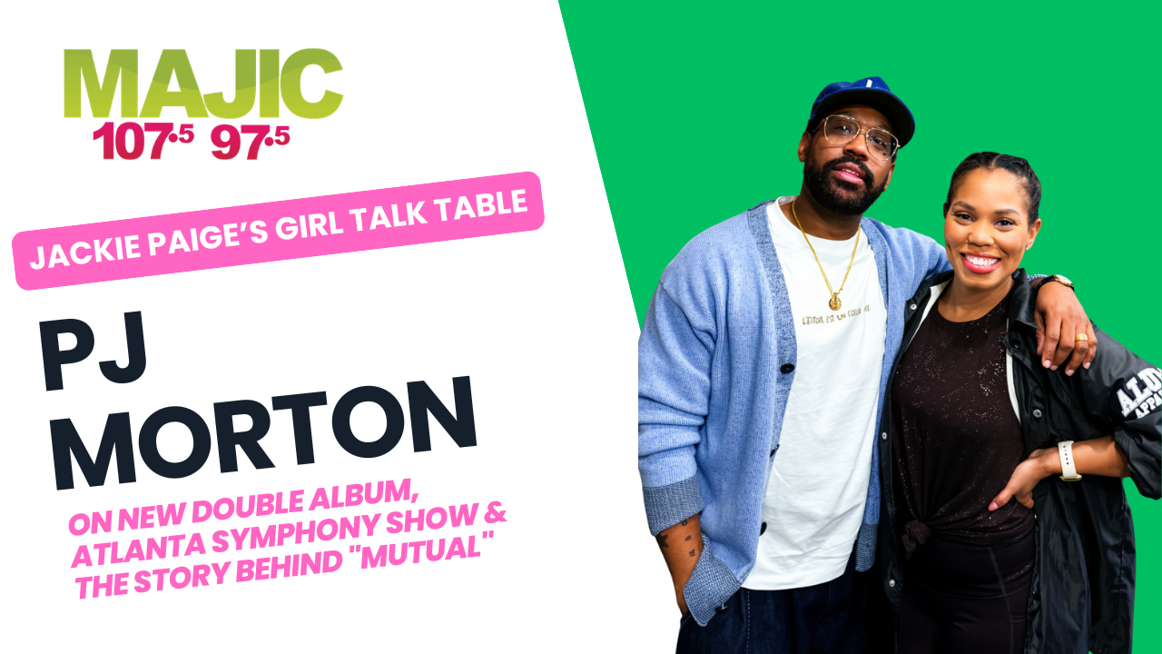 Two people, a man and a woman, smiling and posing together in front of a green background. Text on the image reads "MAJIC 107.5 97.5" and "JACKIE PAIGE'S GIRL TALK TABLE" with "PJ MORTON" and details about his new album and show.