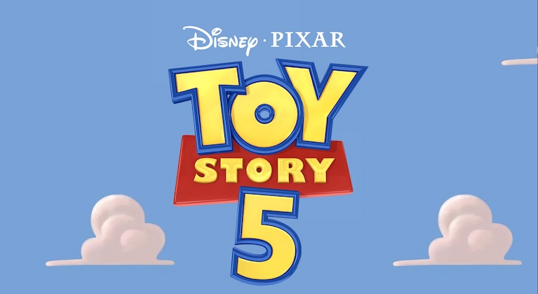 Disney Pixar Toy Story 5 logo against a blue sky with white clouds.
