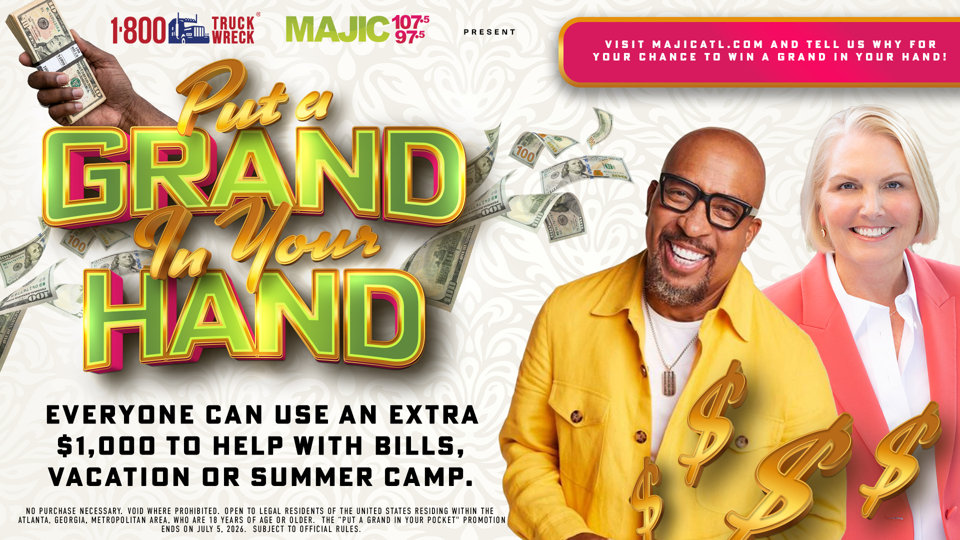 A colorful advertisement for a contest to "Put a Grand in Your Hand", featuring two smiling people and various dollar sign graphics.