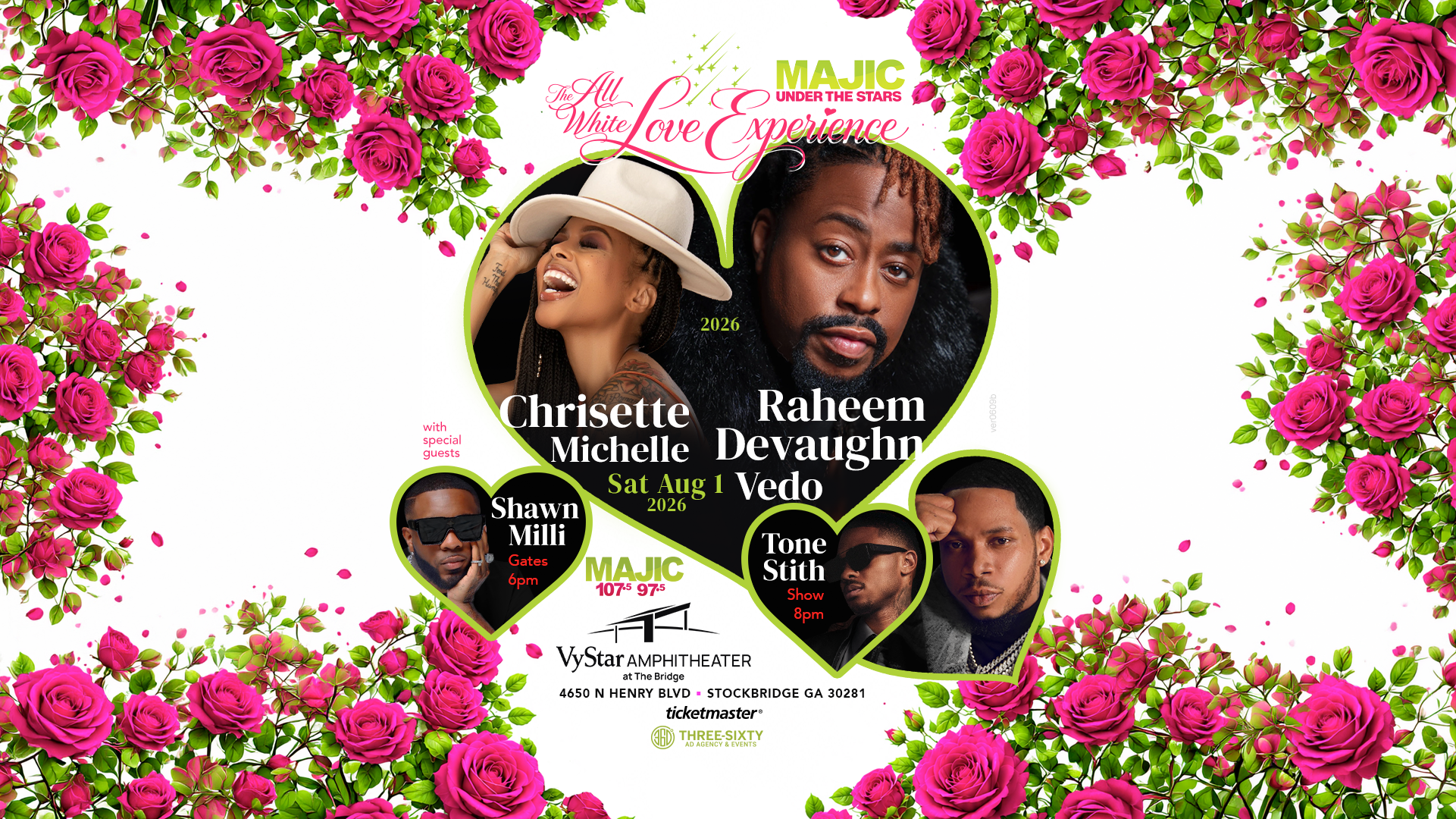 Colorful floral border frames a poster for an outdoor concert event featuring Chrisette Michelle, Raheem Devaughn, Shawn Milli, and other musical artists.