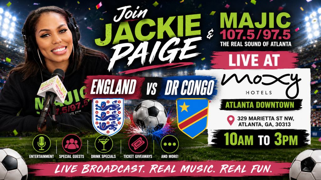 A live broadcast event poster featuring a smiling woman, the England and DR Congo soccer teams, and details about the event location, time, and entertainment.