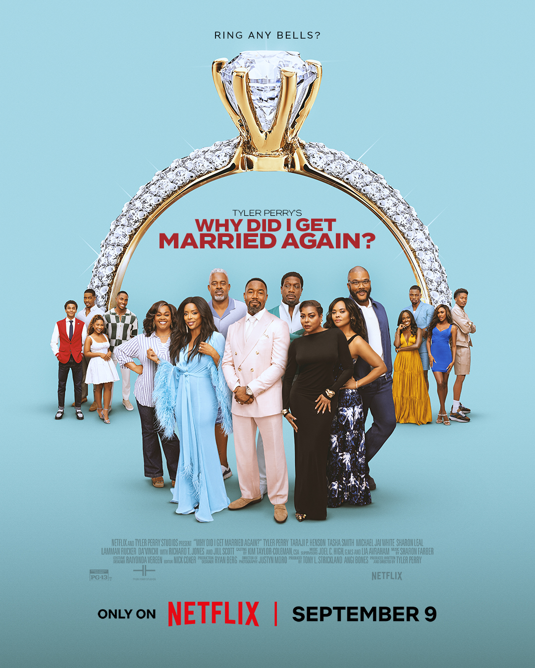 A movie poster for "Why Did I Get Married Again?", featuring an ensemble cast of Black actors and a large diamond engagement ring in the center.