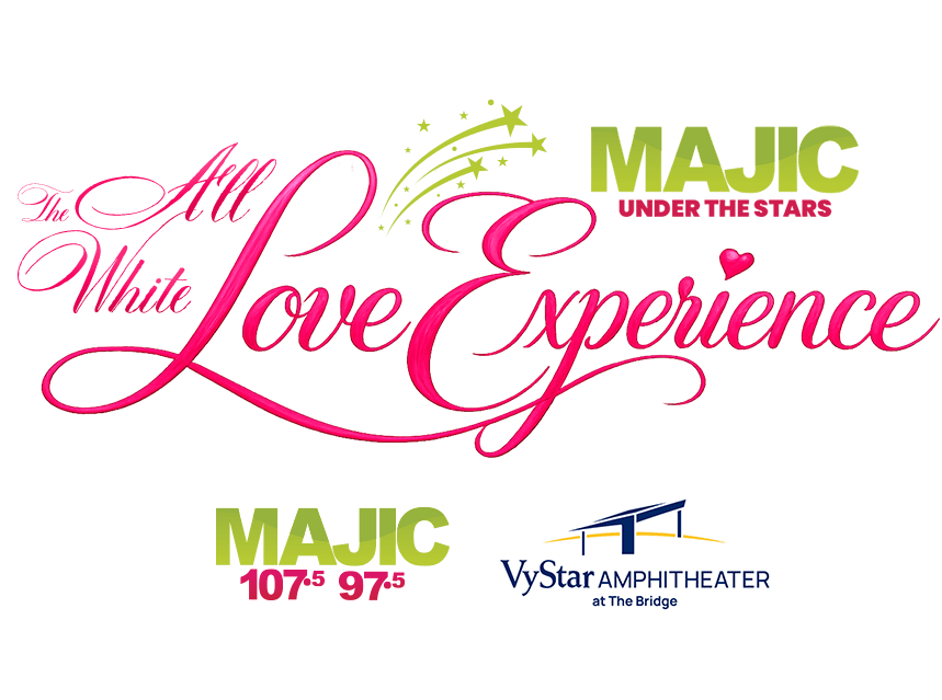 Vibrant pink and green graphic with text "The All Love Experience" and "MAJIC 107.5 97.5" above the VyStar Amphitheater logo.