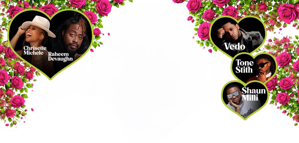 A floral frame with pink roses surrounding heart-shaped portraits of four individuals: Chrisette Michele, Raheem Devaughn, Vedo, and Tone Stith.