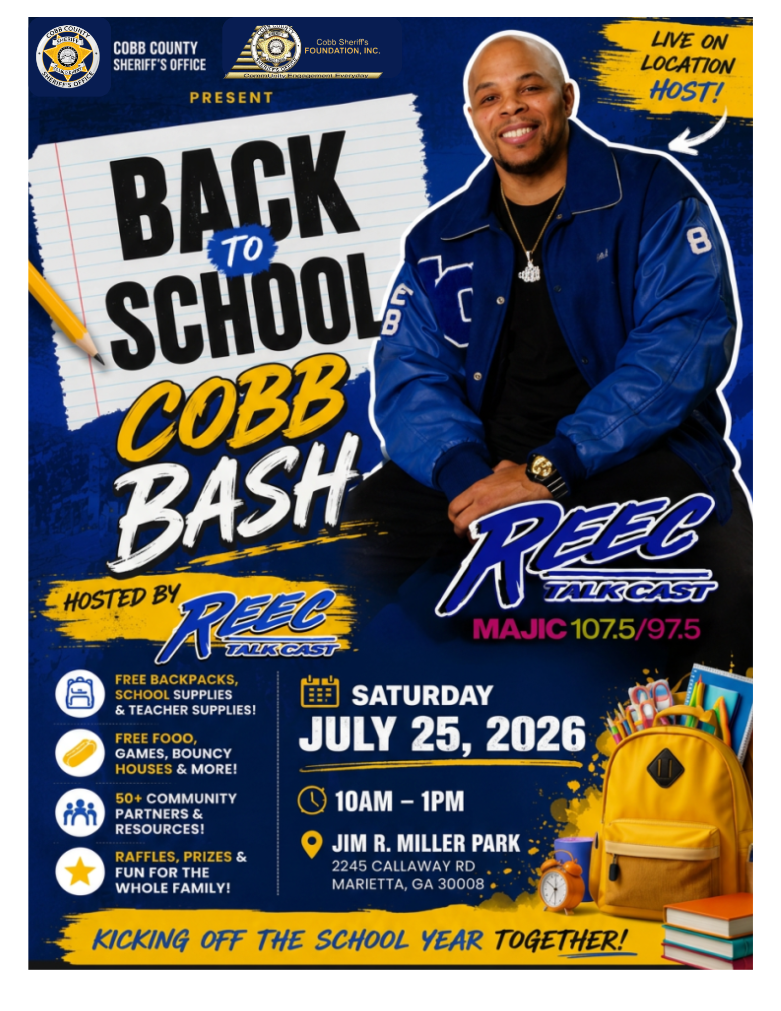 Back to School Cobb Bash event poster featuring a smiling man in a blue jacket and the event details including free backpacks, school supplies, food, games, and community resources.