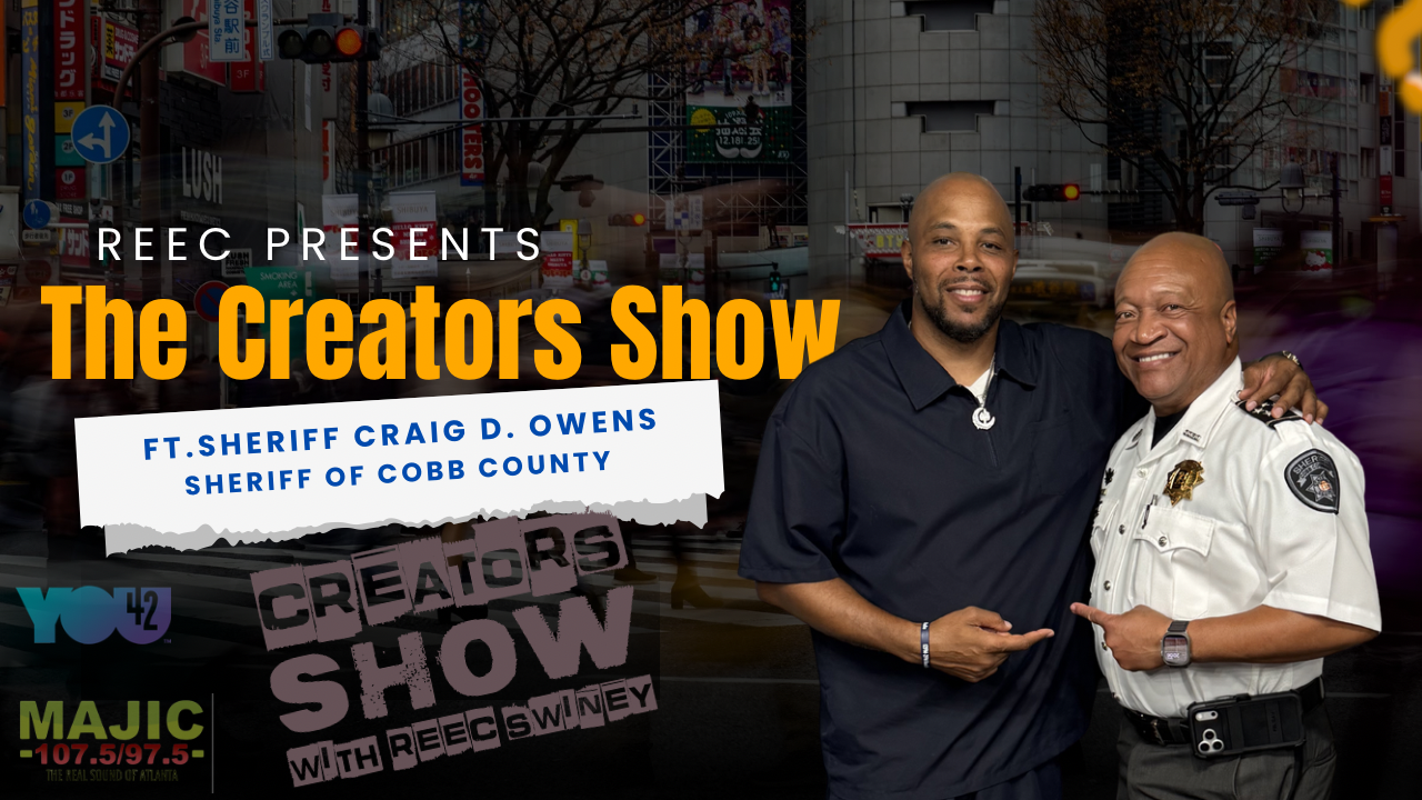 Two men, one in a police uniform and one in a suit, standing together in front of a city street scene. Text overlay reads "REEC PRESENTS The Creators Show ft. SHERIFF CRAIG D. OWENS SHERIFF OF COBB COUNTY".