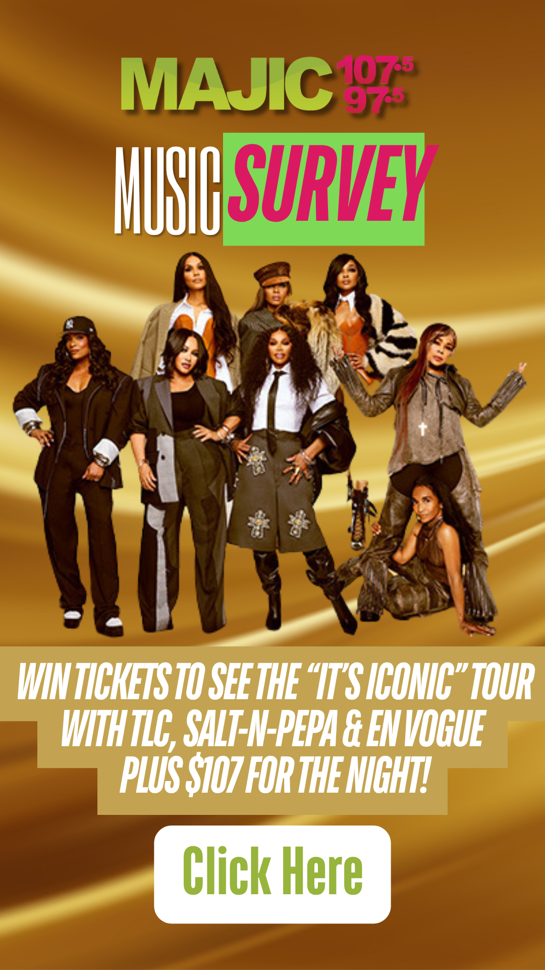 A group of women in various fashion styles posing together, with text promoting a "Music Survey" and a contest to win tickets to a tour by TLC, Salt-N-Pepa, and En Vogue.