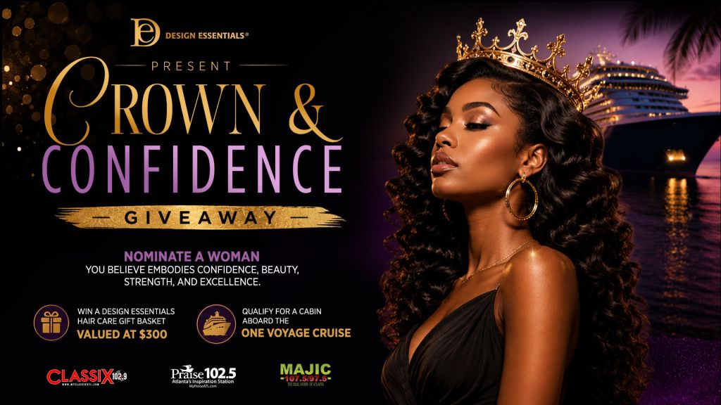 A woman wearing a crown and ornate jewelry poses confidently against a sunset cruise ship backdrop, promoting a "Crown & Confidence Giveaway" event.