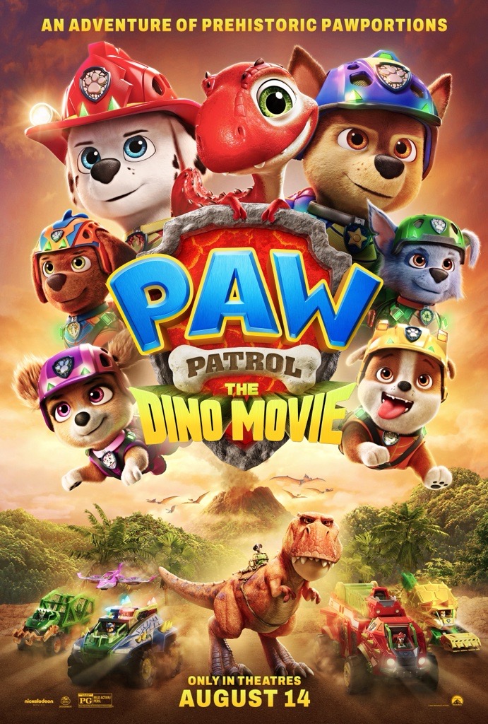 An animated movie poster for "PAW Patrol: The Dino Movie" featuring the PAW Patrol pups in prehistoric settings with dinosaurs.