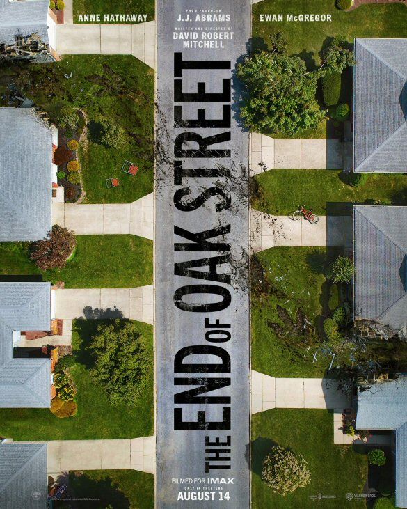 Aerial view of a suburban neighborhood with homes, yards, and trees. The title "The End of Oak Street" is prominently displayed.