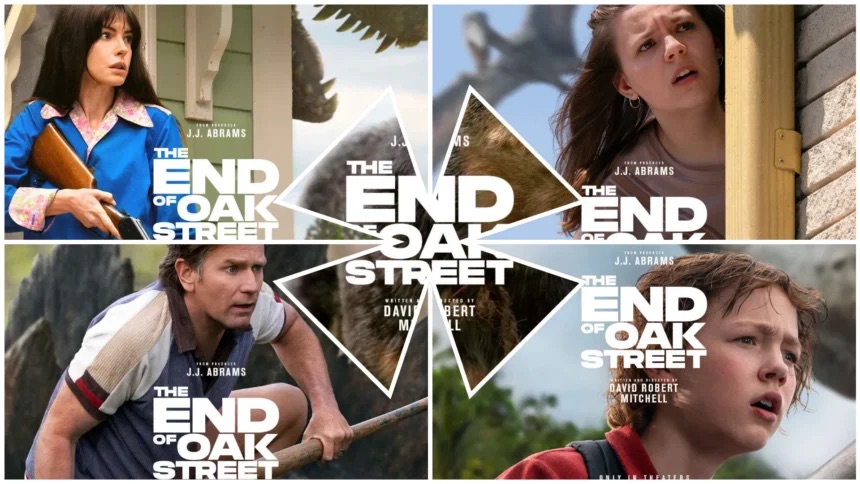 Multiple movie posters for "The End of Oak Street" featuring different characters and scenes from the film.