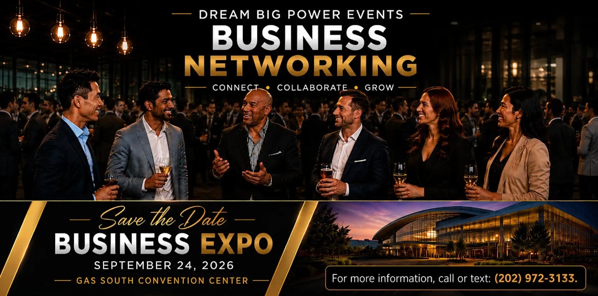 A group of well-dressed business professionals networking and socializing at a "Dream Big Power Events" business networking event, with the text "Business Networking: Connect, Collaborate, Grow" and "Save the Date - Business Expo September 24, 2026" displayed.