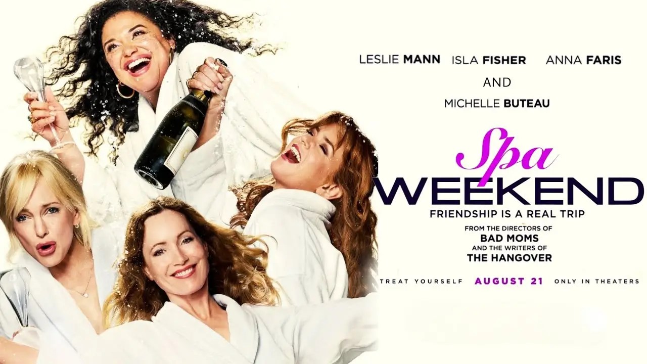 Four women laughing and celebrating with champagne bottles in a spa setting, with text "Spa Weekend: Friendship is a real trip" and cast names.