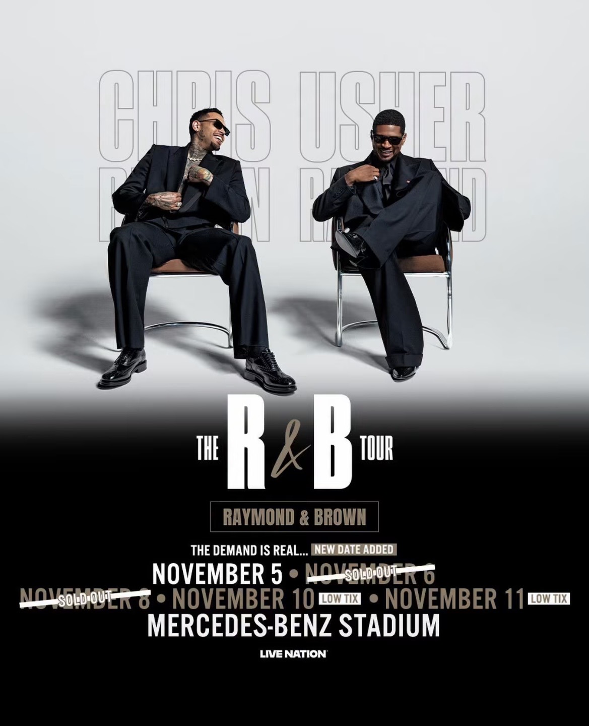 Two men in black suits sitting in chairs, with text "CHRIS USHER RAYMOND & BROWN THE R&B TOUR" and event details for Mercedes-Benz Stadium.