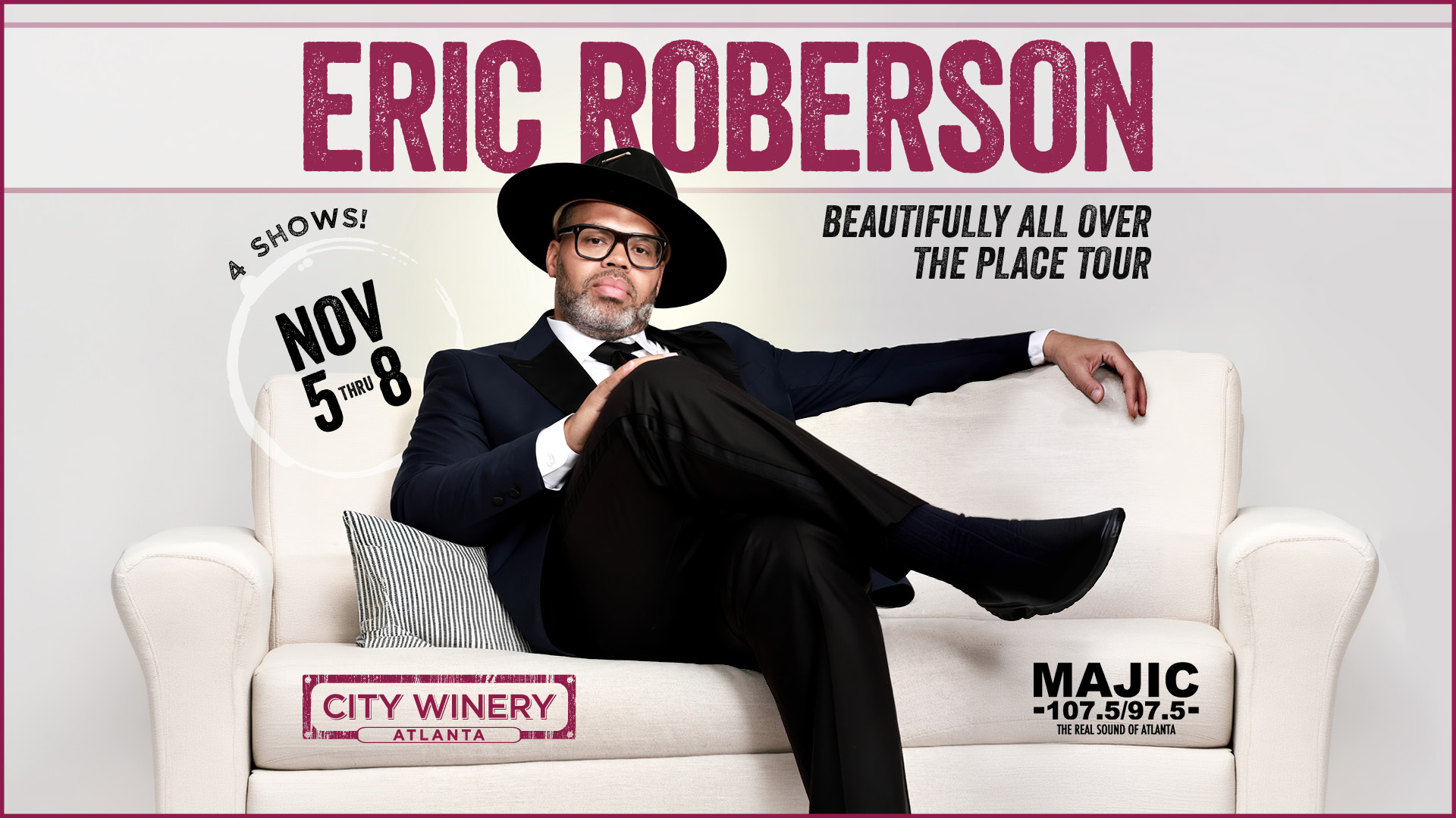A man in a black suit and hat sitting on a white couch, with text promoting his "Beautifully All Over the Place Tour" and "City Winery Atlanta" venue.