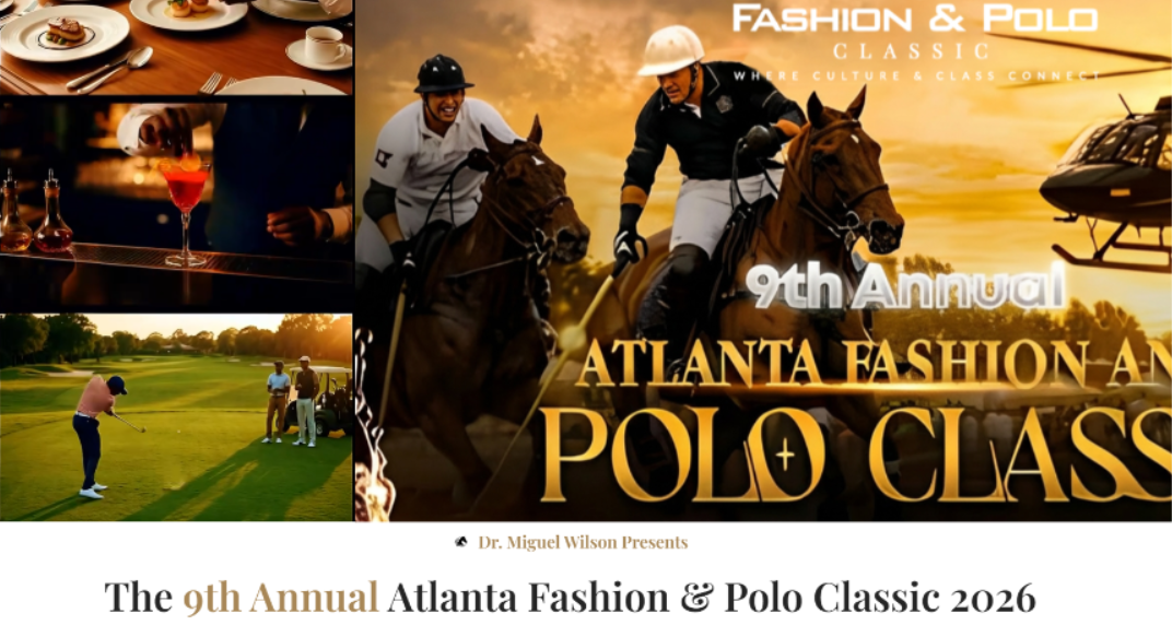Two polo players on horseback at sunset, with a Fashion & Polo Classic logo and text for the 9th Annual Atlanta Fashion & Polo Classic 2026.