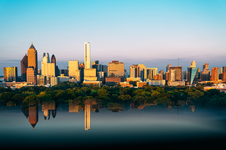 Artistic Mirrored Reflection of the Midtown Atlanta Skyline at Sunset, Georgia